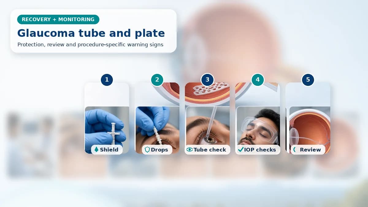 Realistic Glaucoma Drainage Device / Valve Implantation recovery composition with patient-care scenes showing monitoring, protection, follow-up and urgent review after glaucoma drainage device implantation
