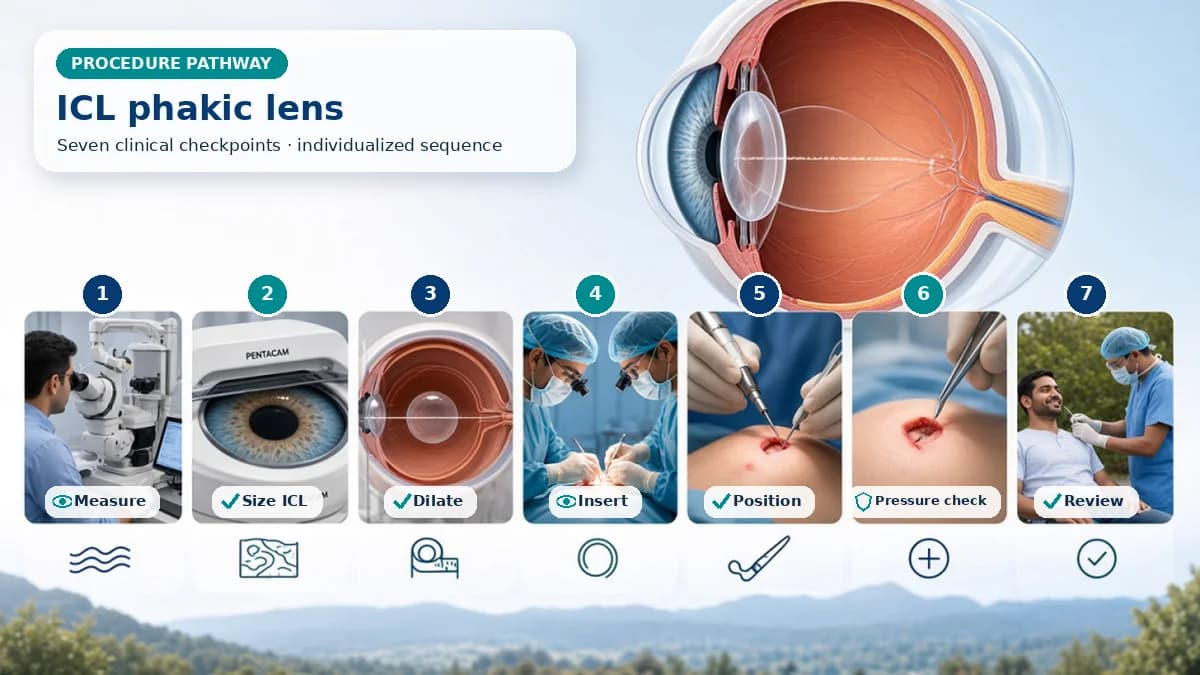 Realistic numbered ICL (Implantable Collamer Lens) pathway showing assessment, preparation, Through a small incision, the folded lens enters the anterior chamber and is positioned behind the iris; centration, vault and pressure are checked. and immediate clinical review