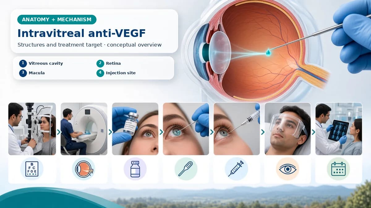 Realistic Intravitreal Anti-VEGF Injection anatomy and mechanism composition showing An intravitreal injection delivers anti-VEGF medicine through the pars plana into the vitreous cavity to treat selected retinal or choroidal vascular leakage or growth. with procedure-specific clinical examination scenes