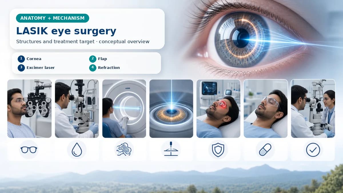 Realistic LASIK Eye Surgery anatomy and mechanism composition showing LASIK reshapes corneal stroma with an excimer laser beneath a hinged corneal flap while the natural lens remains in place. with procedure-specific clinical examination scenes