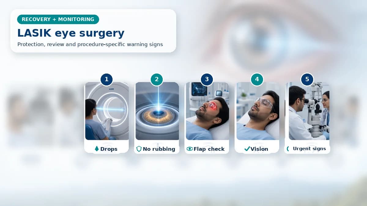 Realistic LASIK Eye Surgery recovery composition with patient-care scenes showing monitoring, protection, follow-up and urgent review after LASIK