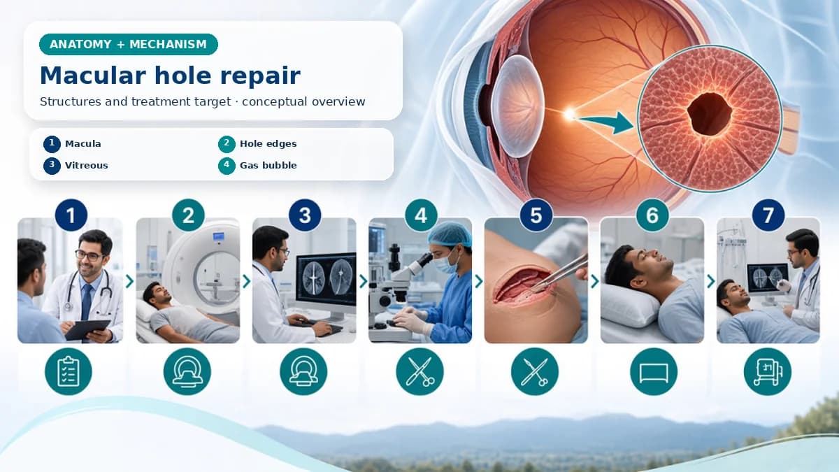 Realistic Macular Hole Surgery anatomy and mechanism composition showing A macular hole is a central full-thickness retinal defect; vitreomacular traction and internal limiting membrane relationships guide surgery. with procedure-specific clinical examination scenes