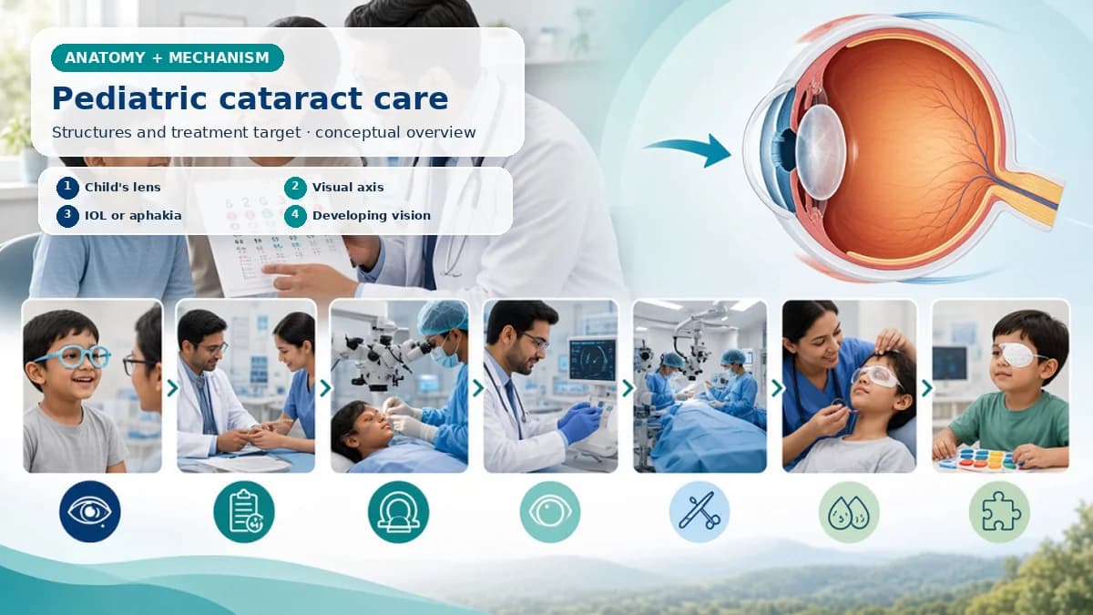 Realistic Pediatric Cataract Surgery anatomy and mechanism composition showing A child's cloudy lens can obstruct the developing visual axis; treatment must address cataract removal, age-appropriate IOL or aphakia correction and visual development. with procedure-specific clinical examination scenes