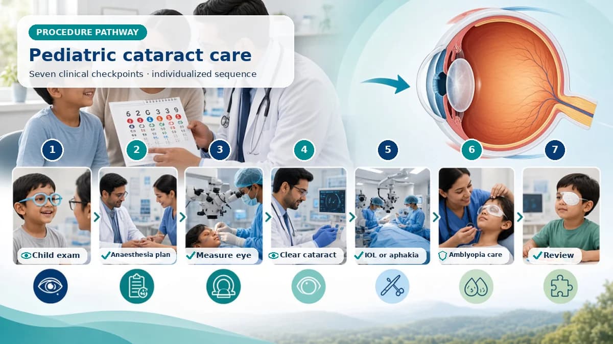 Realistic numbered Pediatric Cataract Surgery pathway showing assessment, preparation, Under general anaesthesia, the surgeon clears the lens and visual axis, manages capsule and vitreous as age requires, and follows a planned IOL or aphakia pathway. and immediate clinical review