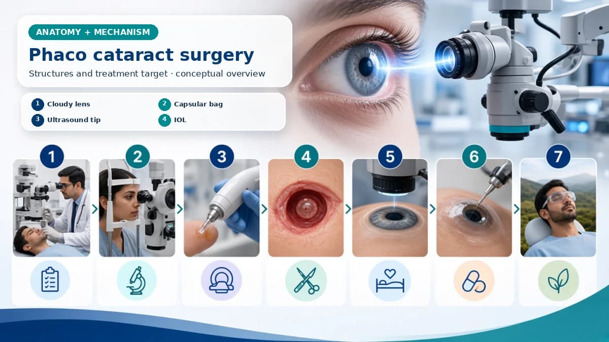 Realistic Phacoemulsification Cataract Surgery anatomy and mechanism composition showing Phacoemulsification removes cloudy lens material from the capsular bag with an ultrasound handpiece before an intraocular lens is placed when support permits. with procedure-specific clinical examination scenes