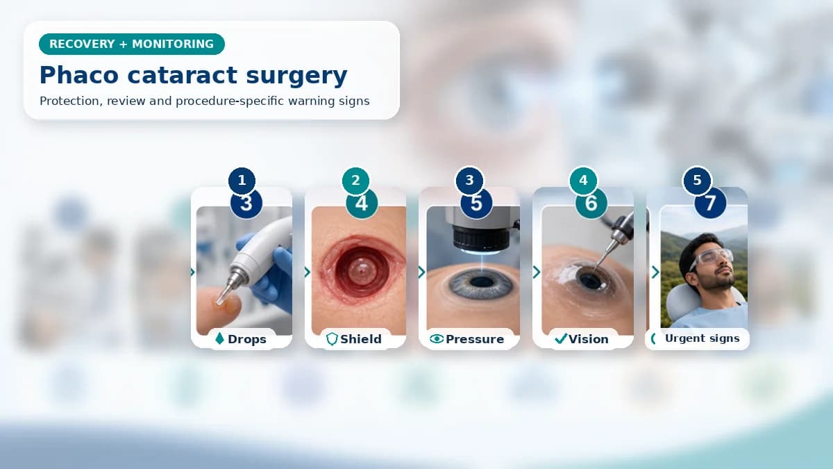 Realistic Phacoemulsification Cataract Surgery recovery composition with patient-care scenes showing monitoring, protection, follow-up and urgent review after phacoemulsification cataract surgery