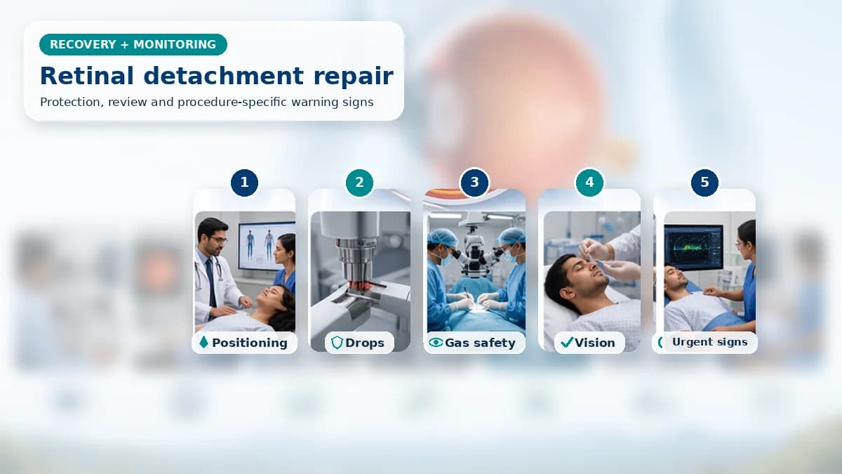 Realistic Retinal Detachment Surgery recovery composition with patient-care scenes showing monitoring, protection, follow-up and urgent review after retinal detachment surgery