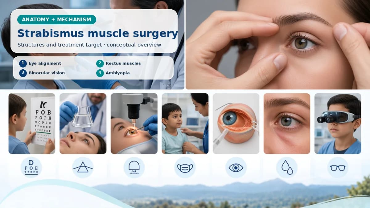 Realistic Squint / Strabismus Surgery anatomy and mechanism composition showing Strabismus reflects ocular misalignment involving extraocular-muscle action, binocular control and sometimes nerve, orbital or vision disorders. with procedure-specific clinical examination scenes