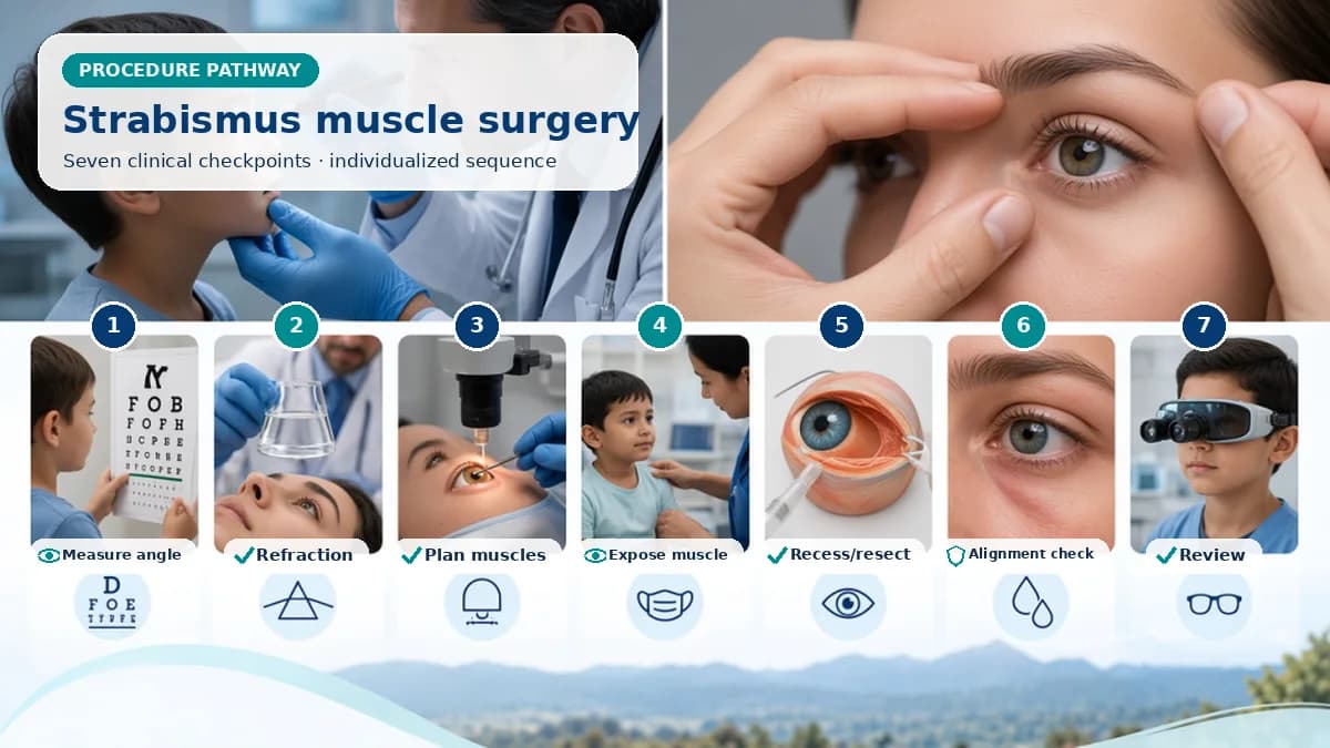 Realistic numbered Squint / Strabismus Surgery pathway showing assessment, preparation, Through conjunctival access, selected extraocular muscles are recessed, resected, plicated, transposed or adjusted according to the measured plan. and immediate clinical review
