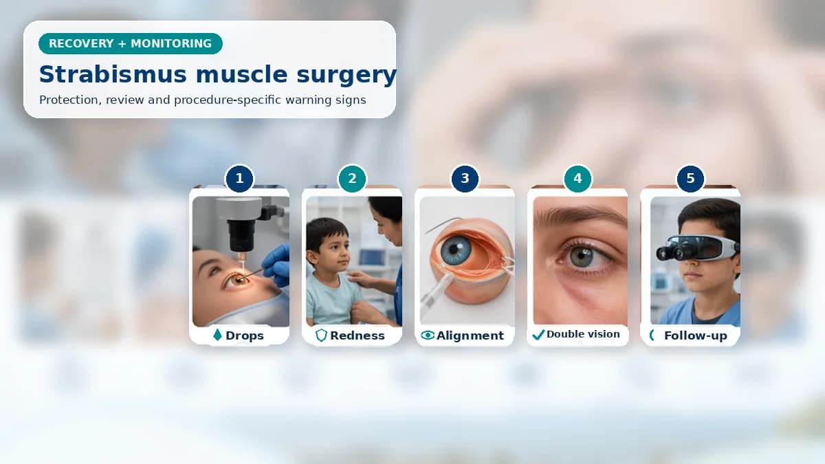 Realistic Squint / Strabismus Surgery recovery composition with patient-care scenes showing monitoring, protection, follow-up and urgent review after strabismus surgery