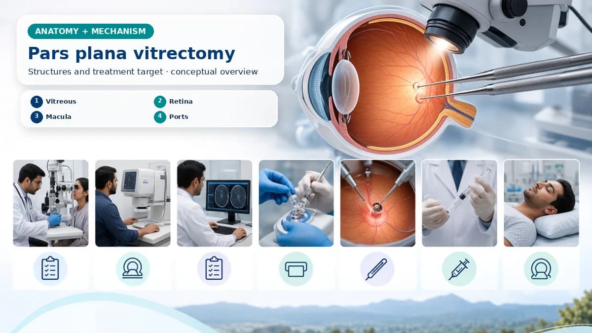 Realistic Vitrectomy anatomy and mechanism composition showing Vitrectomy removes vitreous gel through pars plana ports so the surgeon can address blood, membranes, traction, infection or retinal pathology and may use fluid, air, gas or silicone oil. with procedure-specific clinical examination scenes