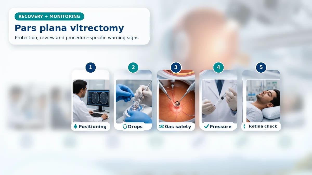 Realistic Vitrectomy recovery composition with patient-care scenes showing monitoring, protection, follow-up and urgent review after vitrectomy