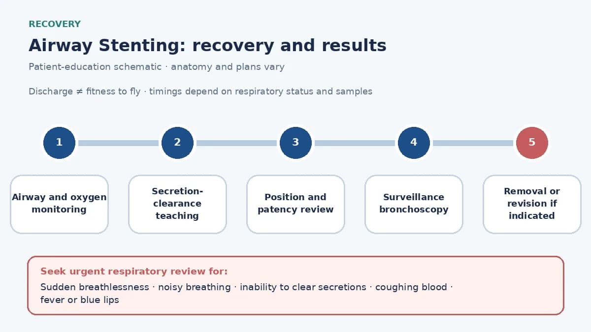 Airway-stent follow-up timeline showing oxygen observation, humidification and secretion clearance, position and patency checks, surveillance bronchoscopy, possible removal or revision and urgent obstruction signs