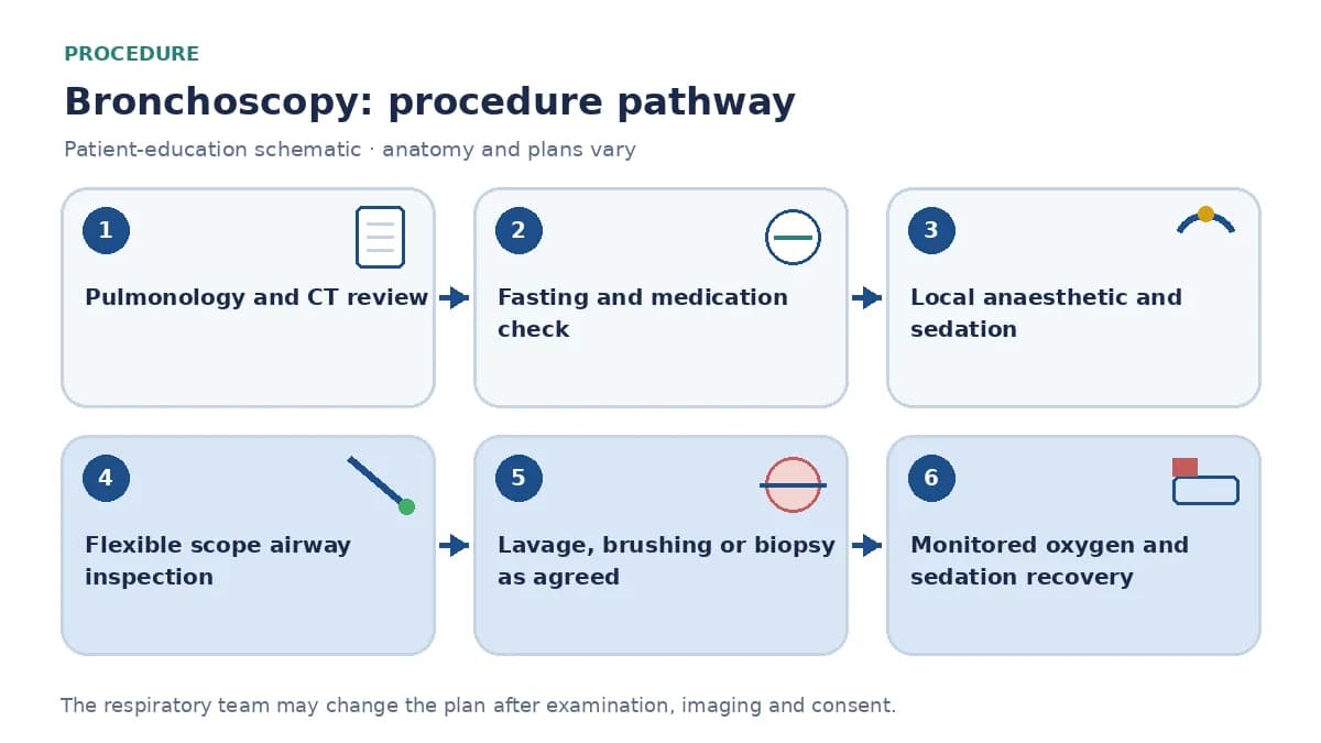Step-by-step bronchoscopy pathway infographic showing pulmonology and CT review, fasting and medication check, local anaesthetic and sedation, flexible scope airway inspection, lavage or biopsy sampling and monitored recovery