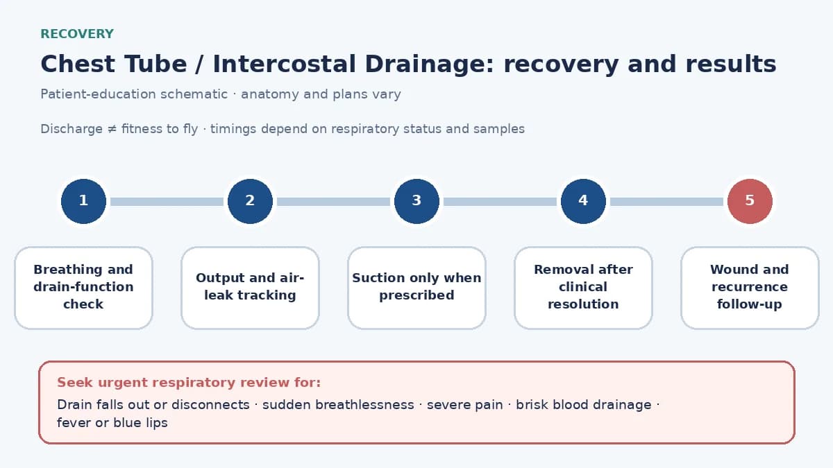 Chest-drain recovery timeline showing breathing and tube-function checks, output and bubbling review, prescribed suction only when needed, clinical removal criteria, wound follow-up and urgent disconnection signs