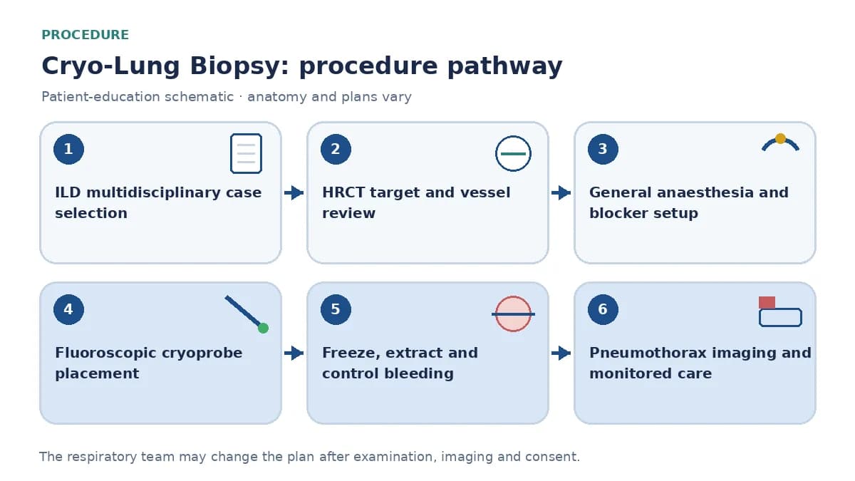 Cryo-lung-biopsy pathway showing ILD multidisciplinary selection, HRCT vessel and target review, general anaesthesia with blocker, fluoroscopic probe placement, freeze extraction, haemostasis and pneumothorax imaging