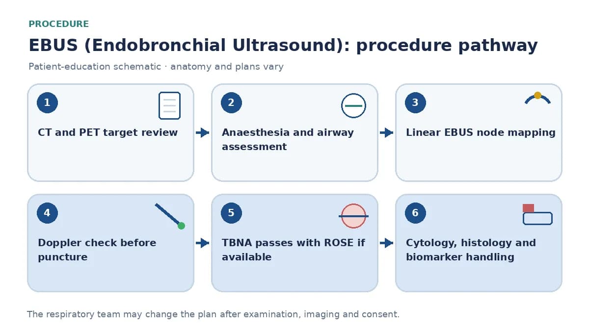 Six-step EBUS pathway showing CT and PET node mapping, anaesthesia assessment, ultrasound station identification, Doppler safety check, TBNA passes with optional ROSE and planned laboratory allocation