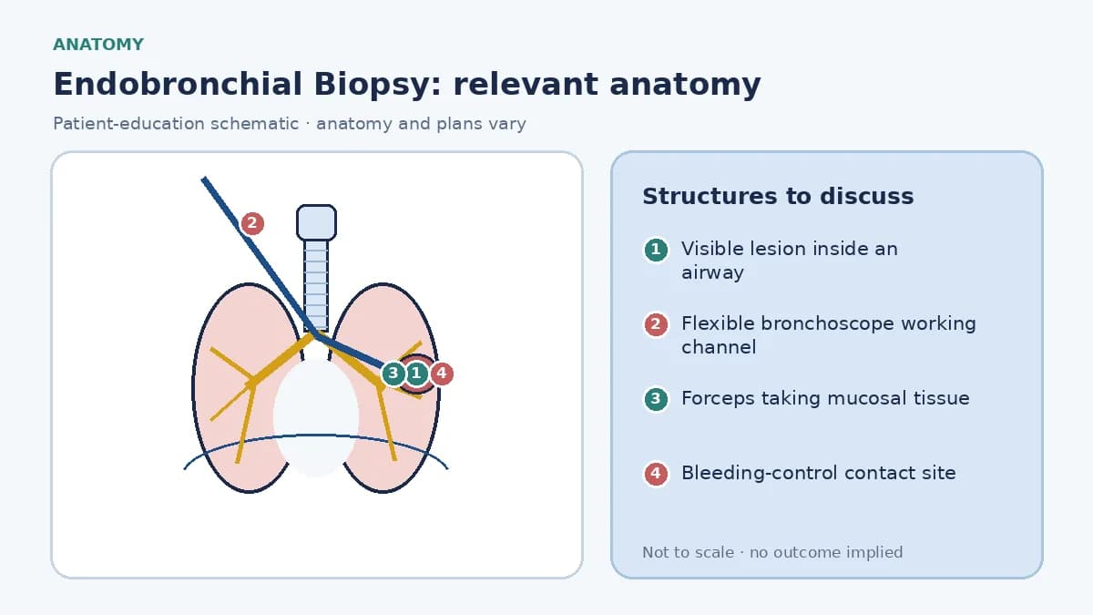 Educational airway schematic showing a visible endobronchial lesion, flexible bronchoscope working channel, forceps taking a targeted mucosal bite and the adjacent contact zone used for bleeding control