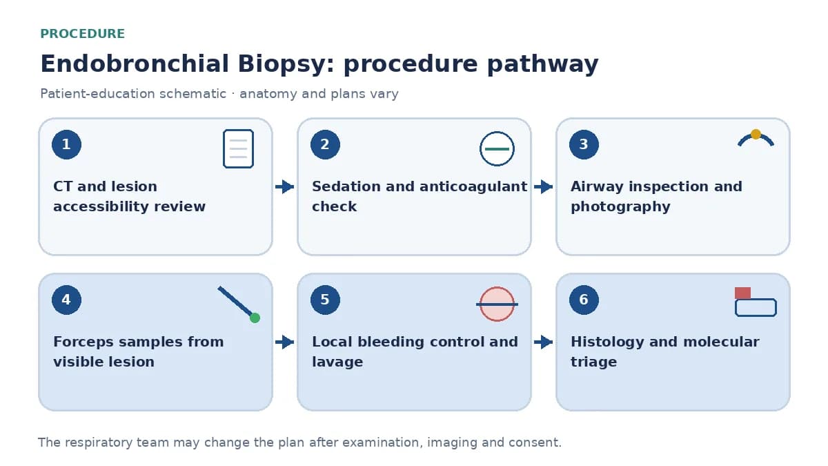 Endobronchial-biopsy pathway showing CT accessibility review, anticoagulant and sedation assessment, airway photography, multiple forceps samples, local haemostasis and planned histology or molecular allocation