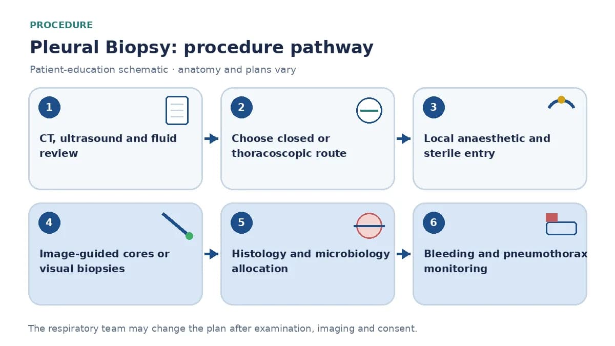 Pleural-biopsy pathway showing CT and ultrasound review, route selection, local anaesthetic sterile entry, image-guided cores or visual thoracoscopic samples, laboratory allocation and complication observation