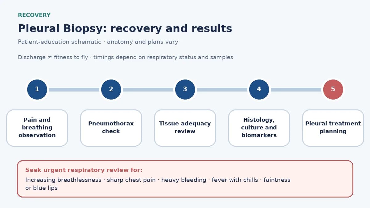 Pleural-biopsy recovery timeline showing pain and breathing checks, pneumothorax imaging, tissue adequacy, histology and tuberculosis culture or biomarkers, treatment review and urgent warning signs