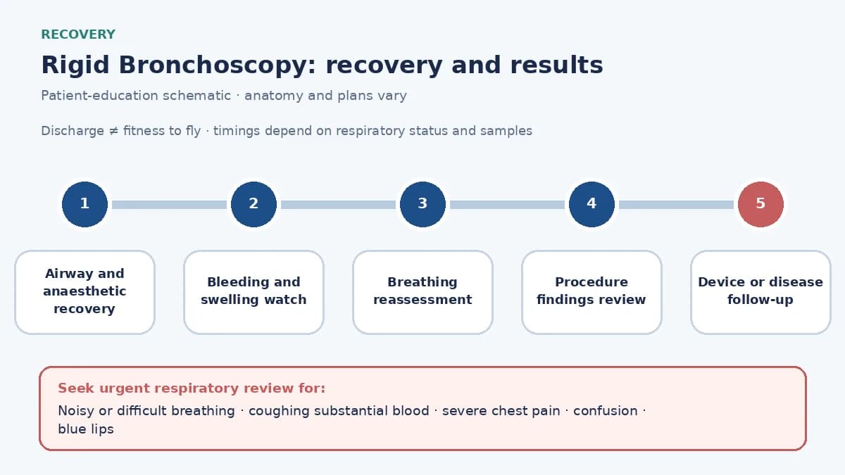 Rigid bronchoscopy recovery graphic showing airway swelling and bleeding surveillance, oxygen and ventilation reassessment, findings or device review, emergency warning signs and clinician-led travel clearance