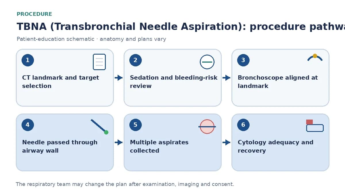 Conventional-TBNA pathway showing contrast-CT landmark selection, bleeding-risk review, bronchoscope alignment, protected needle puncture, repeated labelled aspirates, cytology preparation and recovery