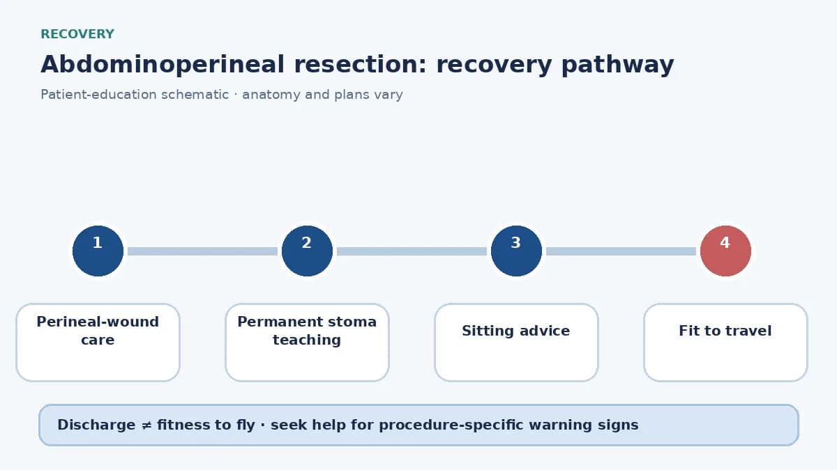 APR recovery pathway showing perineal-wound care, permanent stoma teaching and delayed travel clearance