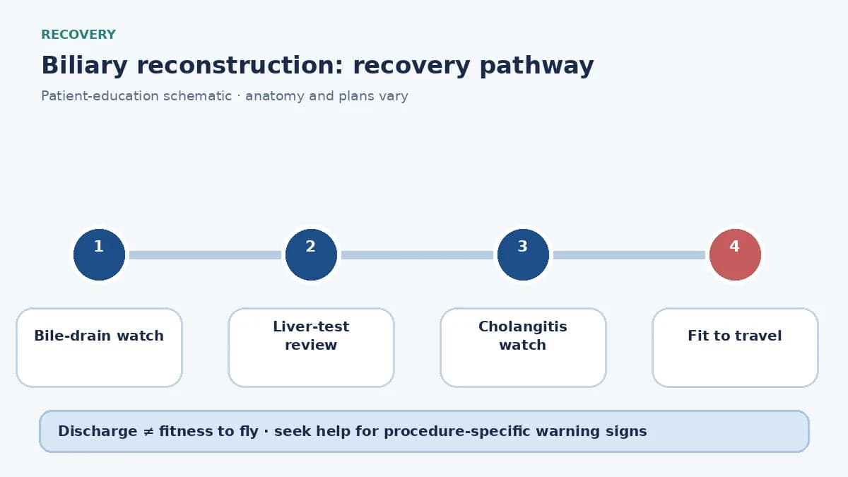 Biliary-reconstruction recovery pathway showing bile-drain monitoring, liver-test review and cholangitis watch