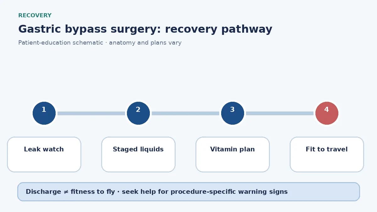 Gastric-bypass recovery pathway showing leak watch, staged diet and long-term vitamin follow-up