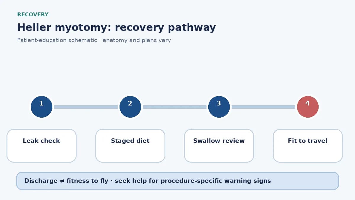 Heller myotomy recovery pathway showing leak check, staged diet and swallow follow-up