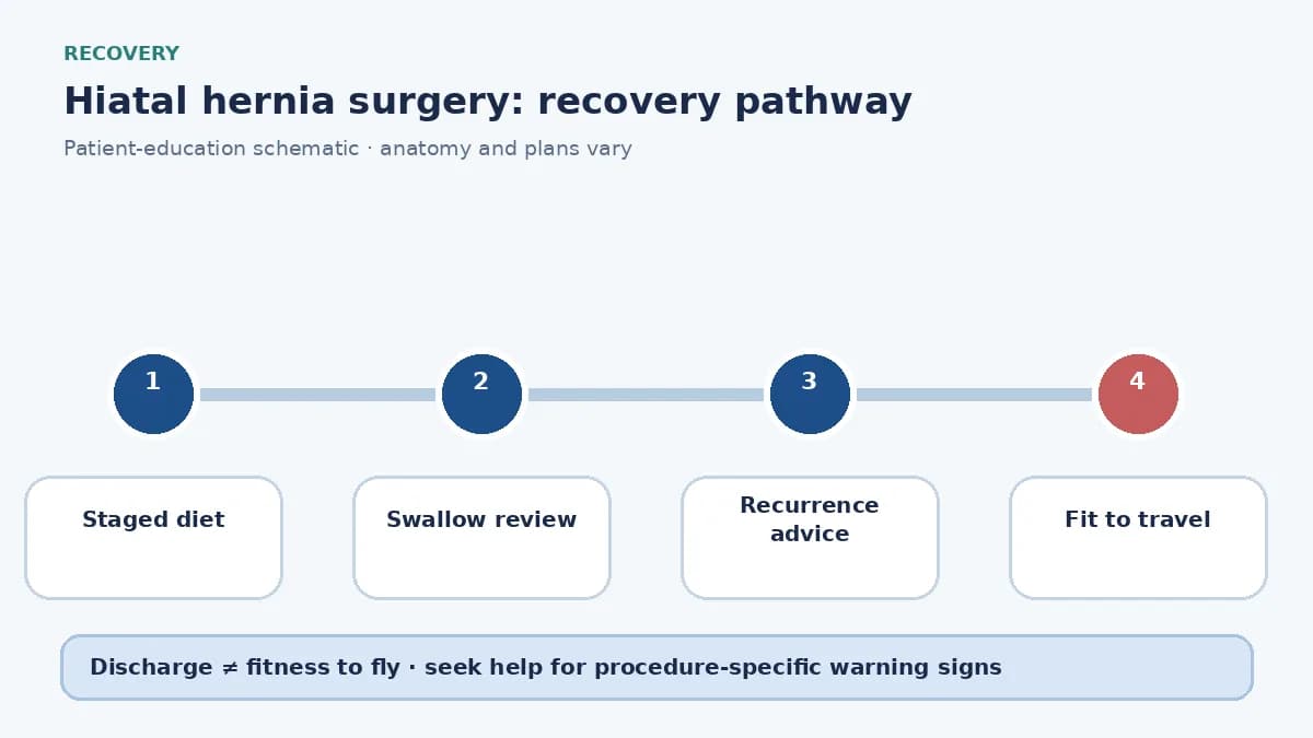 Hiatal-hernia surgery recovery pathway showing staged diet, swallow review and lifting restrictions