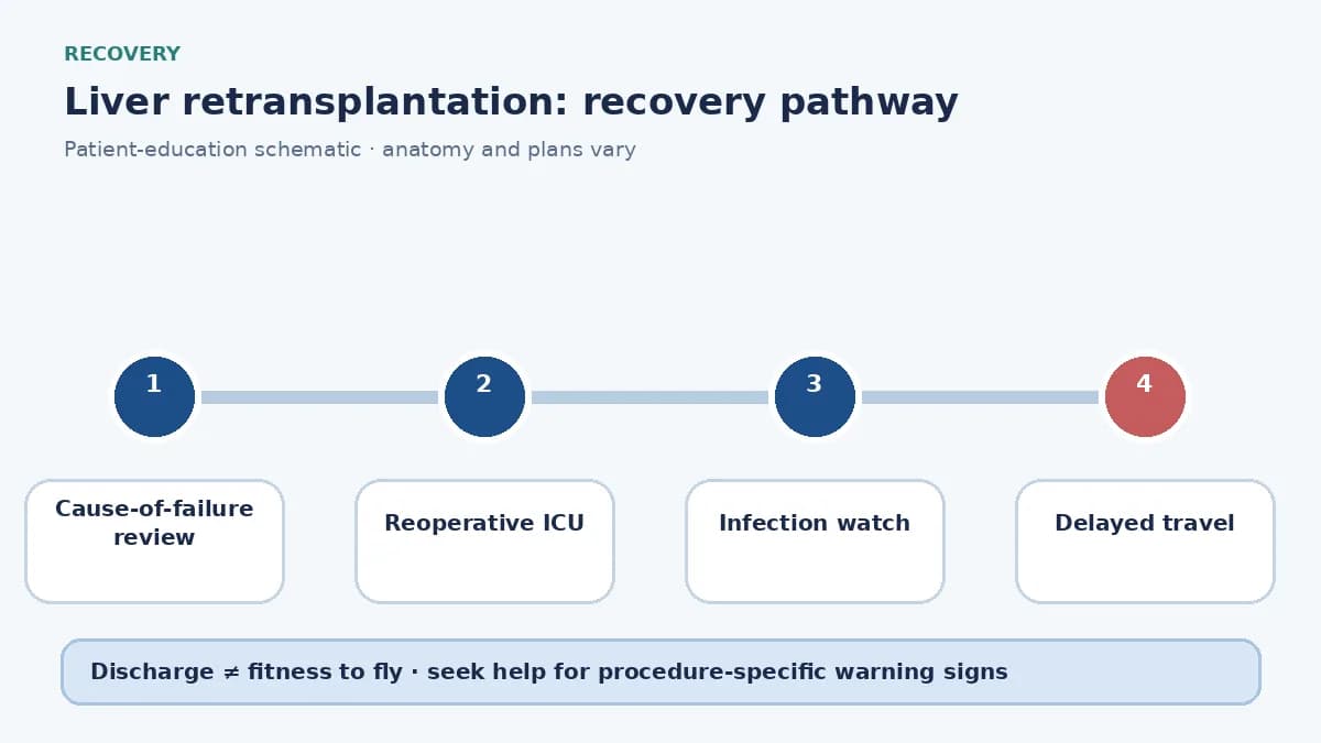 Liver retransplantation recovery pathway showing intensive graft monitoring, infection watch and delayed travel clearance