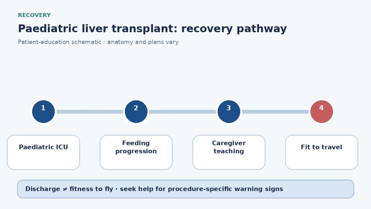 Paediatric liver-transplant recovery pathway showing ICU monitoring, feeding progression and caregiver medicine training