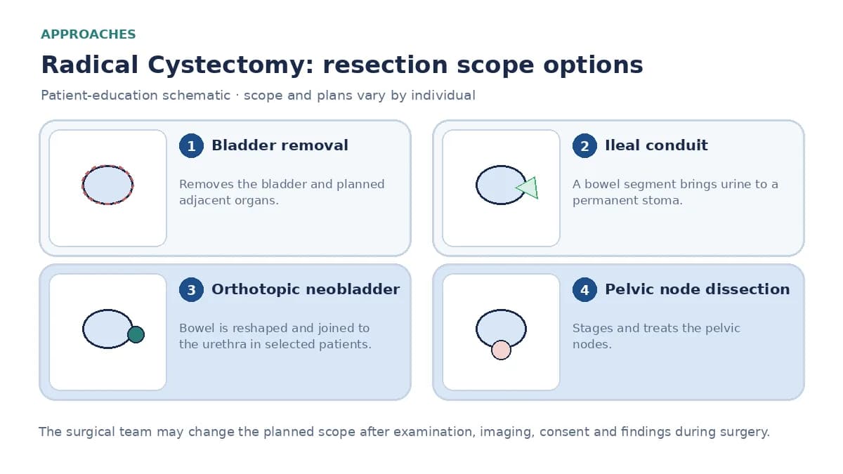 Medical infographic comparing ileal conduit with an abdominal stoma, orthotopic neobladder joined to the urethra, pelvic node dissection, and open versus robotic cystectomy access.