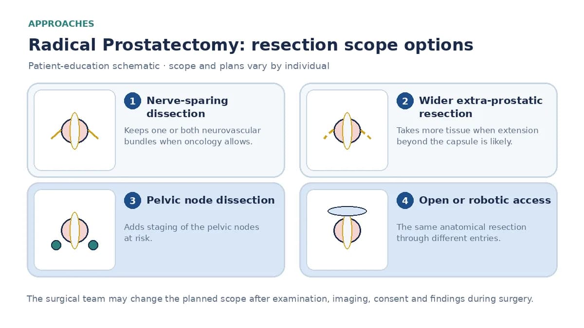 Medical infographic comparing nerve-sparing prostatectomy, wider extra-prostatic resection, pelvic node dissection, and open versus robotic access for the same anatomical operation.