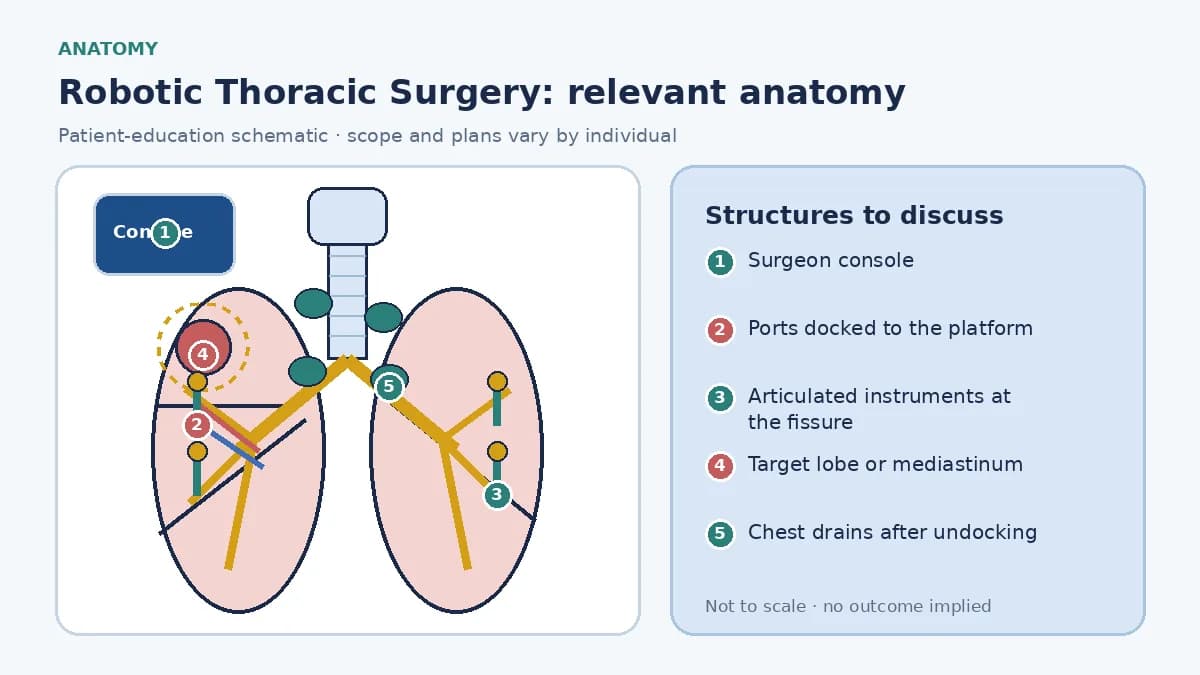 Medical illustration of robotic thoracic surgery: ports in the chest wall docked to a surgeon-controlled console, articulated instruments at a lobar fissure, and the mediastinal node stations included with a cancer resection.