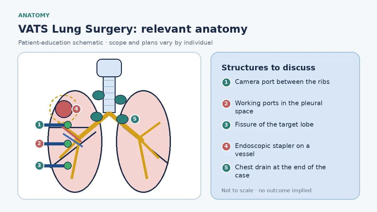 Medical illustration of VATS lung surgery: camera and instruments entering the pleural space between the ribs, the fissure of the target lobe, and endoscopic staplers dividing the lobar vessels and bronchus.