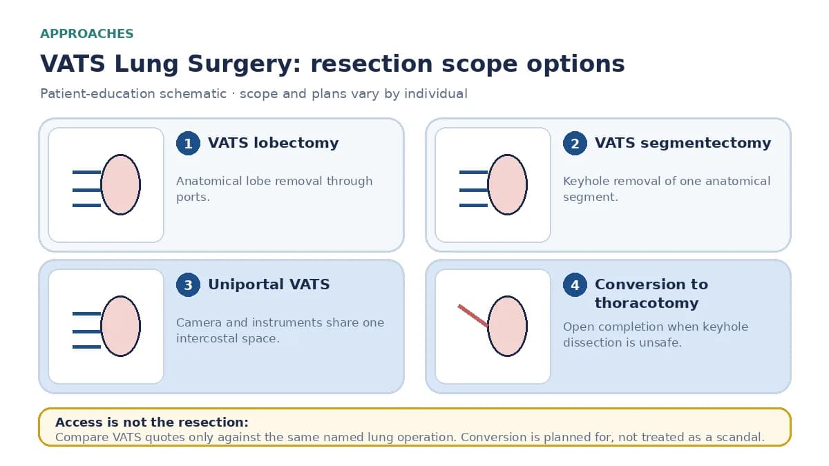Medical infographic comparing VATS lobectomy, VATS segmentectomy, uniportal access and conversion to open thoracotomy when keyhole dissection cannot finish the same anatomical resection.
