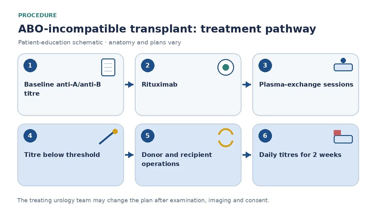 Step-by-step ABO-incompatible transplantation pathway infographic showing baseline titre and crossmatch, rituximab and plasma-exchange sessions, titre threshold check, donor and recipient operations and daily titre monitoring