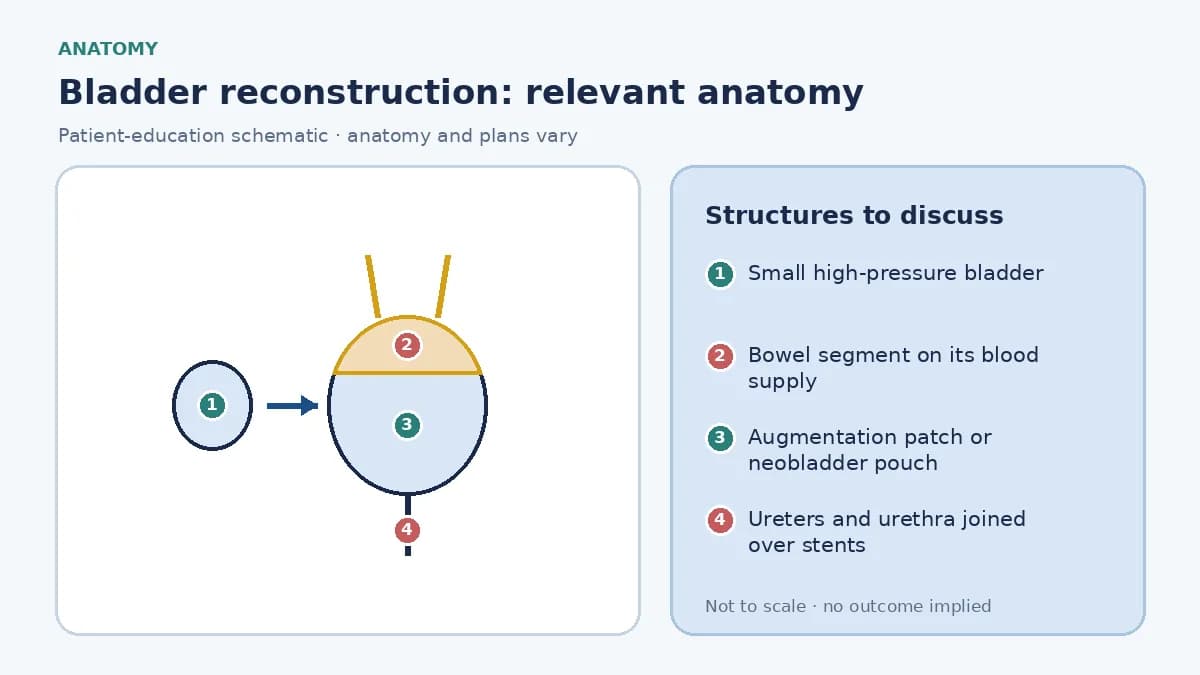 Medical infographic of bladder reconstruction anatomy showing a small high-pressure bladder alongside an augmented bladder with a bowel patch and an orthotopic neobladder pouch joined to the ureters and urethra