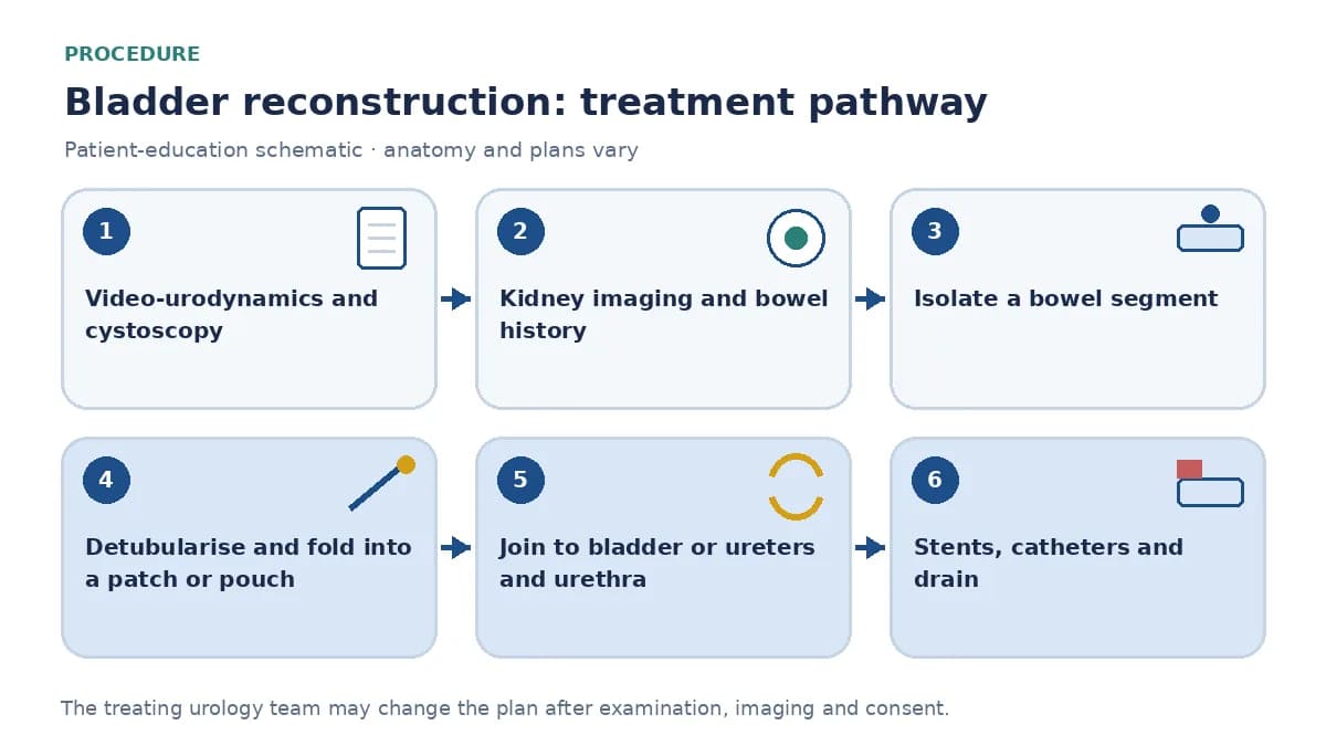Step-by-step bladder reconstruction pathway infographic showing video-urodynamics, cystoscopy and imaging, isolating a bowel segment, detubularising and folding it into a patch or pouch, joining to bladder or urethra and ureters, and placing stents and catheters