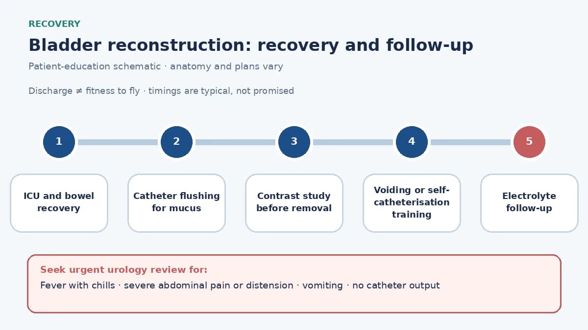Bladder reconstruction recovery pathway infographic showing ICU and bowel recovery, catheter flushing for mucus, contrast study before catheter removal, voiding or self-catheterisation training, electrolyte monitoring and travel clearance