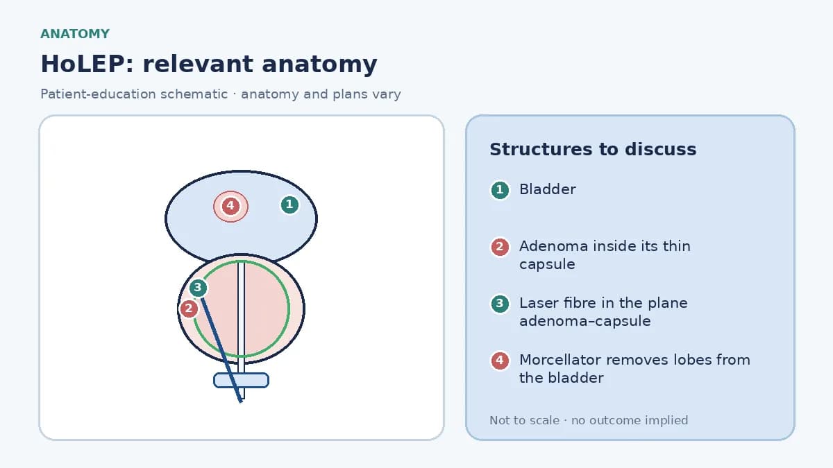Medical infographic of HoLEP anatomy showing the bladder, an enlarged prostate adenoma inside its thin capsule compressing the urethra, and a laser fibre developing the plane between adenoma and capsule
