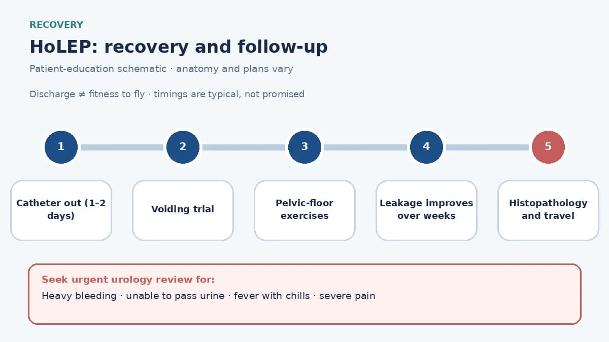 HoLEP recovery pathway infographic showing early catheter removal and voiding trial, pelvic-floor exercises for temporary leakage, bleeding and fever warnings, histopathology review and travel clearance