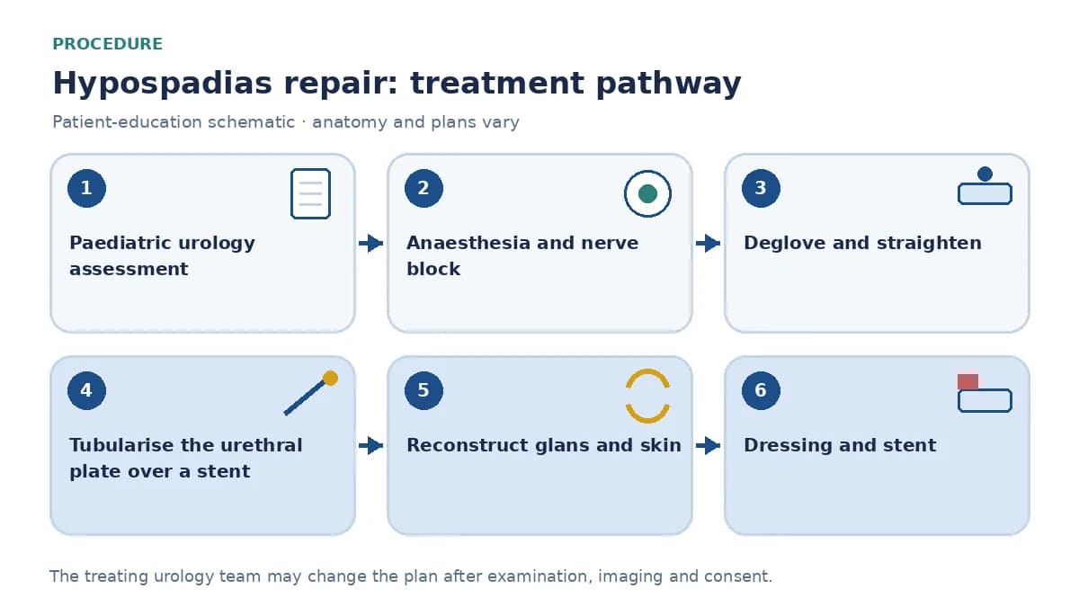 Step-by-step hypospadias repair pathway infographic showing paediatric urology assessment, anaesthesia and nerve block, degloving and straightening, tubularising the urethral plate over a stent, glans and skin reconstruction and dressing