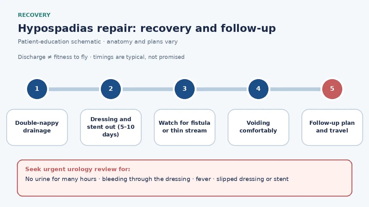 Hypospadias repair recovery pathway infographic showing double-nappy stent drainage, dressing and stent removal at the first review, watching for fistula or narrow stream, and follow-up planning before travel