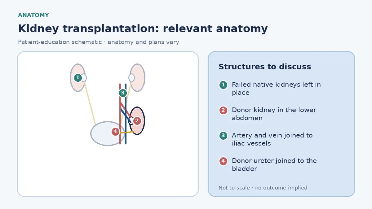 Medical infographic of kidney transplantation anatomy showing the failed native kidneys left in place and a donor kidney in the lower abdomen with its artery and vein joined to the iliac vessels and its ureter joined to the bladder