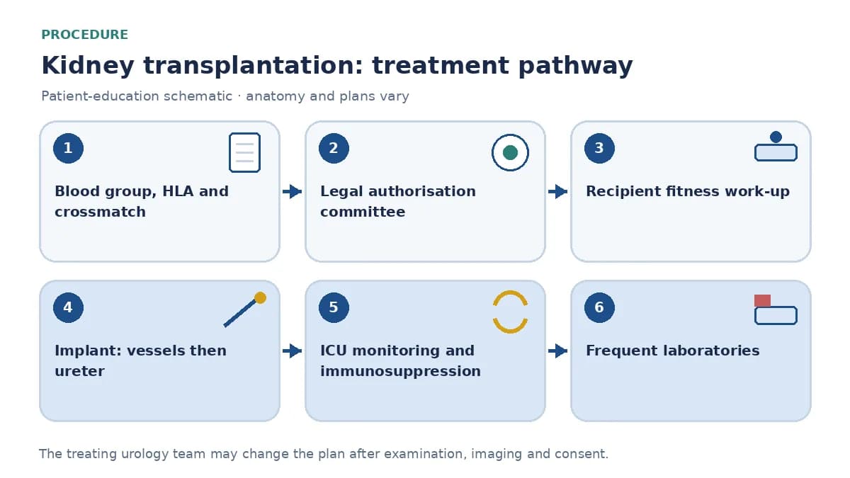 Step-by-step kidney transplantation pathway infographic showing compatibility testing and legal approval, recipient fitness work-up, the recipient operation with vascular and ureteric anastomoses, ICU monitoring and immunosuppression