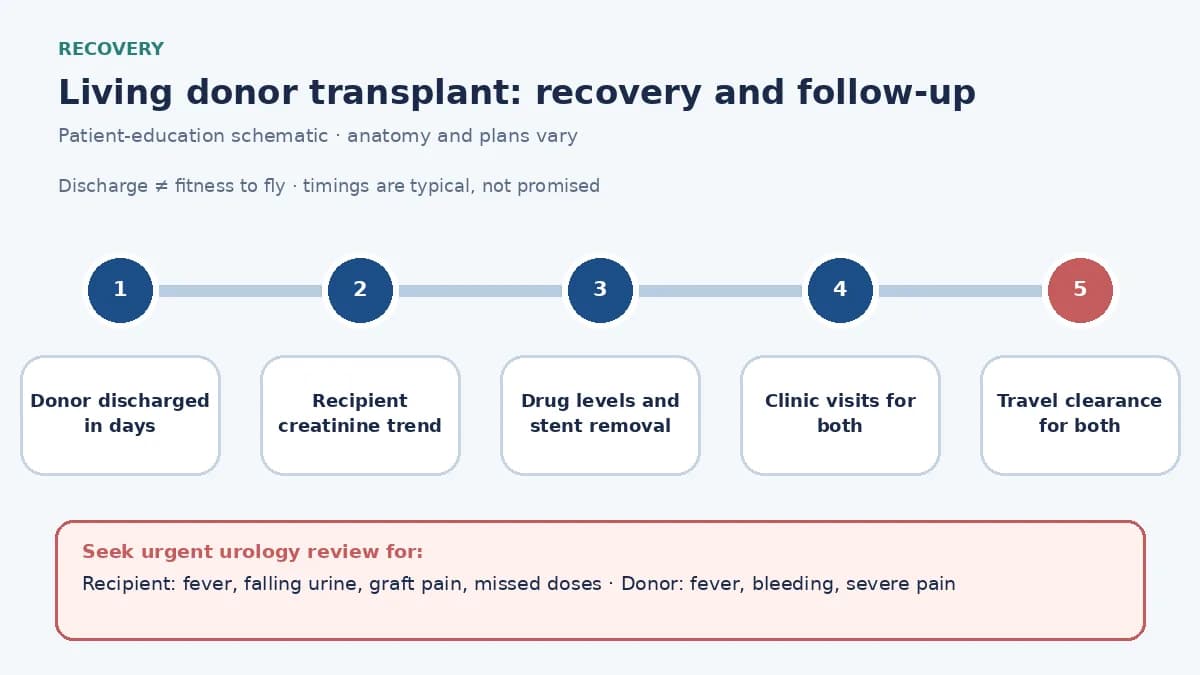 Living donor transplantation recovery pathway infographic showing donor discharge within days, recipient creatinine and urine-output monitoring, drug-level adjustment, stent removal, home clinic handover for both and travel clearance